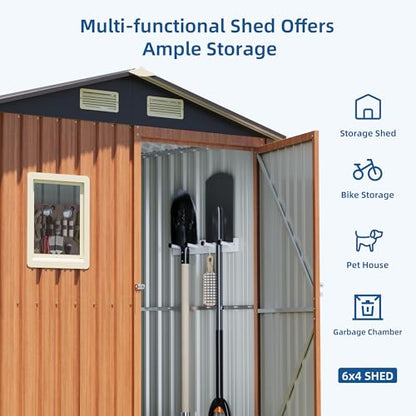 6x4FT Outdoor Storage Shed, Metal Garden Shed with Updated Frame Structure, Lockable Door and Window, Large Tool Shed for Backyard, Patio,Lawn,Utility & Bike Storage - size: 6x4 FT (No Base)