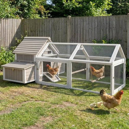 83'' Large Chicken Coop Outdoor with Run, Wooden Chicken Coops with Two Nesting Boxes, Pull-Out Trays, 4 Perches for Backyard, Poultry Cage House with Ramp for Hen, Bunny, Duck, Grey - size: 82.9"L x 57.9"W x 39.4"H
