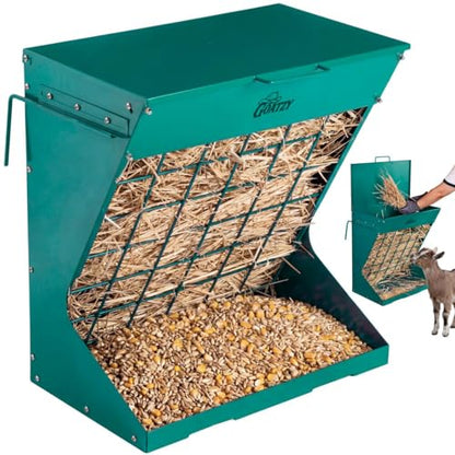 Wall Mount Hay Rack And Hay Feeder For Goats Sheep And Horses, Covered Galvanized Steel Goat Hay Feeder With Hinged Roof, 25 Gallon 2-In-1 No Waste Hanging Holder Grain Bin with hook For Cattle - color: Green