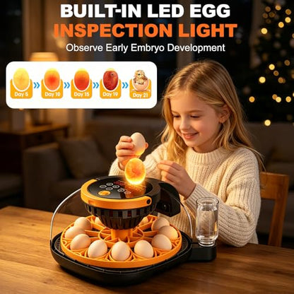 12-Egg Smart WiFi Egg Incubator with 1080p HD Camera, App Control, Auto Turner, Built-in Candler, Temp & Humidity Control, 360° View for Chicken Duck Quail, STEM Toy, 8GB SD Card Included