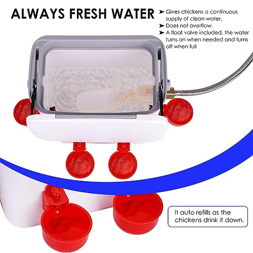Automatic Chicken Waterer with Float Valve Kit Hose Attachment and 4 Poultry Water Cups, Duck Chicken Water Feeder Poultry Waterer (2 Gallons)