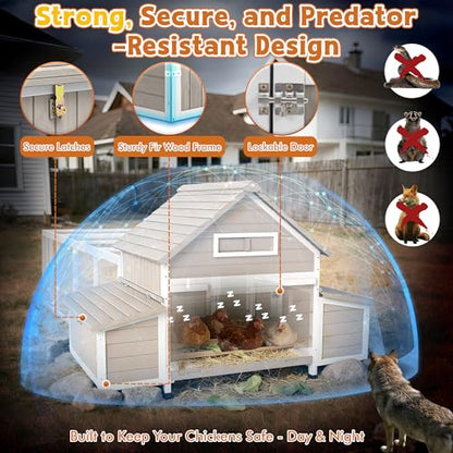 Ketive Large Chicken Coop with Run for 6–8 Chickens — Wooden Outdoor Hen House Chicken Hutch with 6 Nesting Boxes, Dual Ramp Doors, Slide-Out Tray, Curved Roof (118.3" L x 38" W x 40.2" H) - size: 118.3"L x 38.0"W x 40.2"H