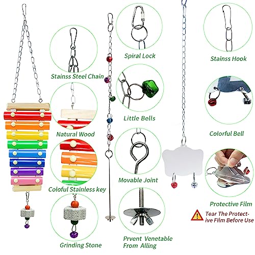 12PCS Longer Chain Chicken Toys for Coop Accessories,Xylophone Swing Flexible Ladder String Bag Vegetable Fruits Skewer Mirror Grinding Stone Pecking for Hens Bird Parrot