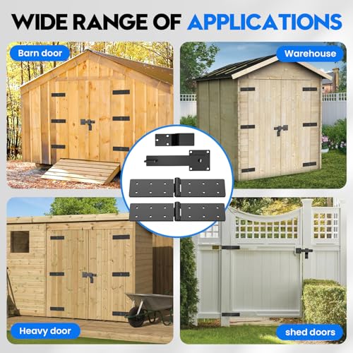 Fence Gate Hinges and Latch Set Heavy Duty -Black 270 Degree Strap Hinge & Adjustable Latch Kit for Outdoor,Garden,Backyard,Barn,Shed Wood Doors -Rust-Resistant Farm Gate Hardware with Screws