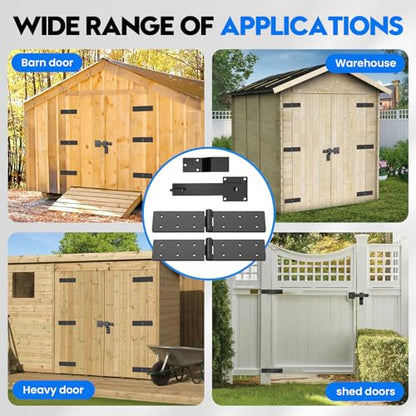Fence Gate Hinges and Latch Set Heavy Duty -Black 270 Degree Strap Hinge & Adjustable Latch Kit for Outdoor,Garden,Backyard,Barn,Shed Wood Doors -Rust-Resistant Farm Gate Hardware with Screws