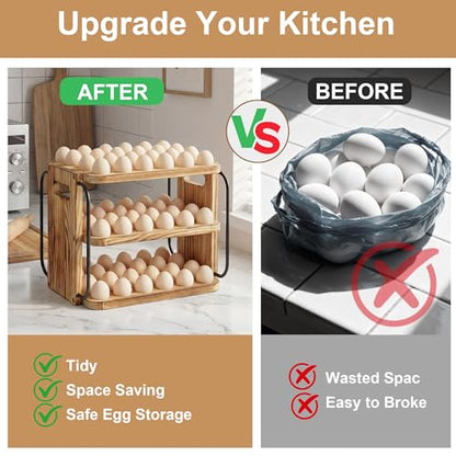Wood Egg Holder Countertop for Fresh Eggs, Fresh Egg Holder Countertop with Handle, 3 Layer, Stackable with 90 Eggs for Countertop to Store Chicken/Duck/Hand Painted/Easter Egg - color: Pine