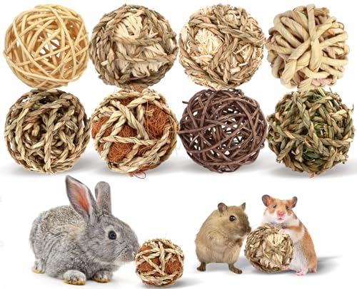 VESPRO Bunny Chew Grass Balls, Rolling Chew Toys for Small Animals, Natural Chew Grass Toys and Bunny Treats for Rabbits, Guinea Pigs, Chinchillas, Hamsters, Mice Teeth Grinding (8 Pcs) - size: Rabbit balls-8P