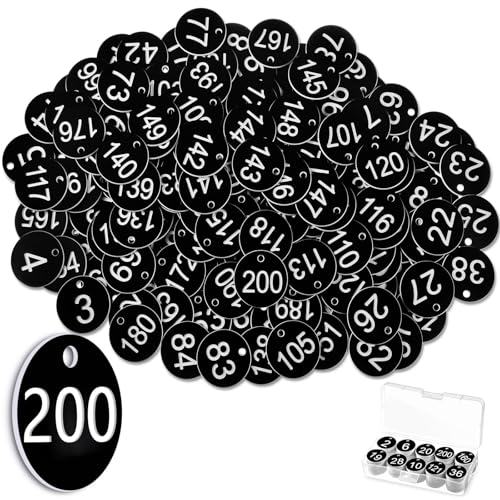 Yinkin 200 Pcs Plastic Number Tags, 1-200 Number Cards, Round Hole Hang Tags, Marking Identification Tag Hanger Numbers Cards for Coat Keychain Check Closet Organization Lottery(Black) - color: Black