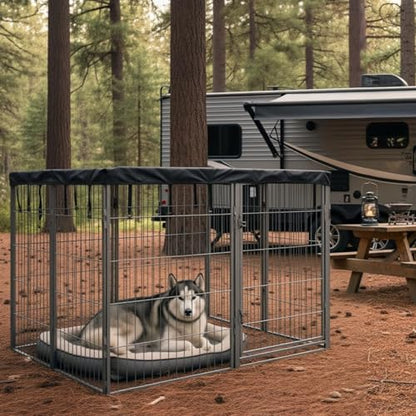 Dog Playpen w/Square Top Shade Cover - 24 inch, 8 Panel Portable Grey Metal Pet Play Pen for Small Dogs & Puppies - Indoor/Outdoor Kennel Cage for Home, Yard, RV, or Camping - size: 24 Inch