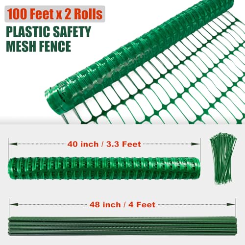 2 Rolls x 100' Feet/Roll - Plastic Garden Fence Roll, Pets Animals Barrier Fence Set, 48" Inch Steel Plant Stakes Posts and Zip Ties Included, Customizable Size Cuttable Fencing