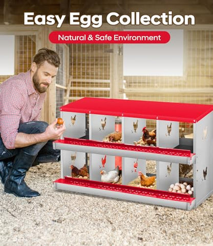 Chicken Nesting Box, 8 Compartment Metal Nesting Box,Wall Mount Chicken Nesting Boxes for Laying Eggs,Easy Egg Collection,8 Room Nest Boxes for Chickens - size: Red 8 Compartment