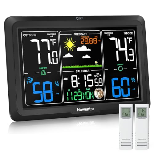 Newentor Weather Station Wireless Indoor Outdoor, Indoor Outdoor Thermometer Wireless, 7.5" Home Weather Stations with Atomic Clock, Temperature Humidity Gauge, Weather Forecast, Black, 2 Sensors - color: Black, size: with 2 Sensors