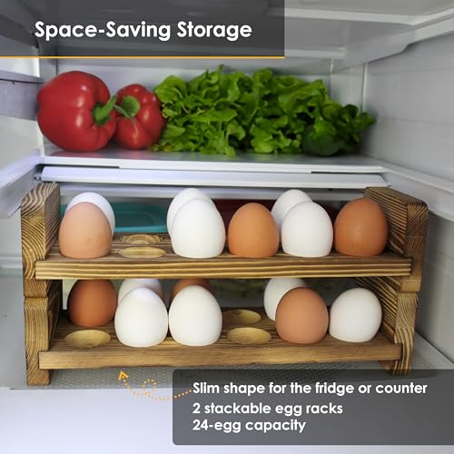 Expandable Stackable Wooden Egg Holder Countertop for 24 Eggs, Rustic Kitchen Decoration, Two-Piece Compact Egg Rack for Counter - Chicken Decor - Gui's Chicken Coop (Double Rack)