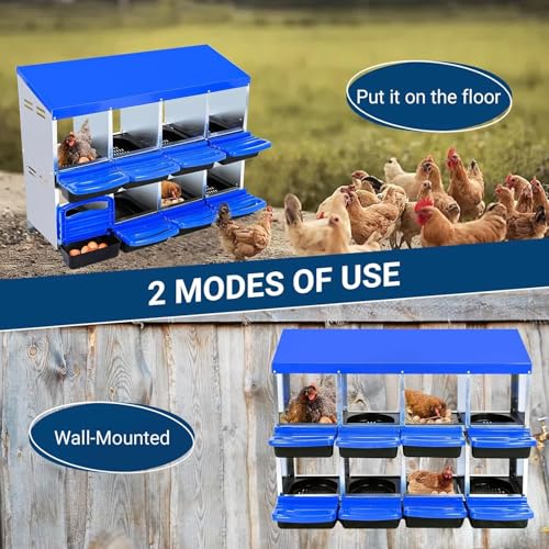 Chicken Nesting Box, 8 Hole 2 Layer Hen Nest Boxes, Roll-Away Egg Collection System with Ventilation Holes，Rustproof Plastic Tray & Keyhole Mounting, Chicken Laying Box - color: Blue, size: 8 holes