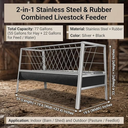 Heavy Duty Goat Feeder, 77 Gallon Stainless Steel Livestock Feeder, Anti-Waste Hay Feeder with Rubber Trough, 33.4 Inch Height for Goats, Calves, Sheep, Use in Barn, Pasture, Pigsty