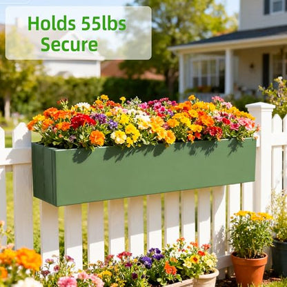2 Pack Metal Railing Planter Box, 30 Inch Balcony Planters with Adjustable Brackets, Large Hanging Planters for Outdoor Fence Deck - color: Green 2pcs