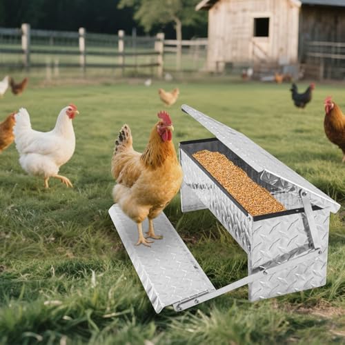 Treadle Chicken Feeder Automatic Large Poultry Feeders Capacity Treadle Self Opening Pou with Weatherproof Lid Rain Cover for Roosters Pheasant Chicken Outdoor Coop Silver Full Aluminum(11lbs/5000g) - size: 11LB Capacity
