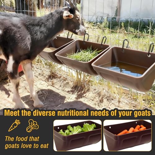 2 Pack Hanging Chicken Feeder Trough for Goat,Sheep,Dog.Livestock Feeding Container Goats Supplies Feeders Waterer Bucket (Brown) - color: Brown