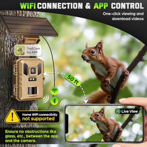 WiFi Trail Camera, 4K 64MP Game Cameras with Night Vision Motion Activated Waterproof IP66, 0.1s Trigger Trail cam with 32GB SD Card, Wildlife Camera with Built-in Battery Solar Panel