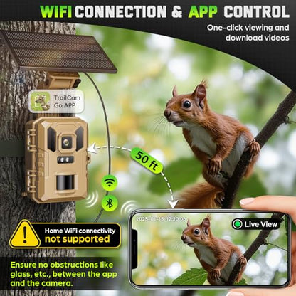 WiFi Trail Camera, 4K 64MP Game Cameras with Night Vision Motion Activated Waterproof IP66, 0.1s Trigger Trail cam with 32GB SD Card, Wildlife Camera with Built-in Battery Solar Panel