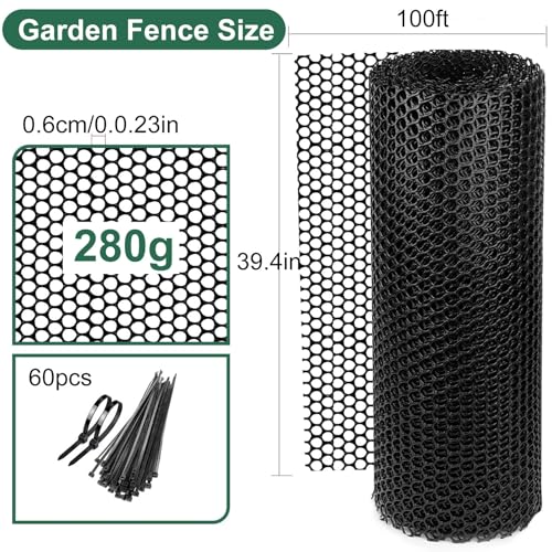 39.4in x 100ft Plastic Garden Fence Roll, 280g Thickened Netting with Cable Ties, Temporary Poultry Fence for Chickens, Dogs, Vegetable Gardens & Backyard Lawn(Black) - color: Black