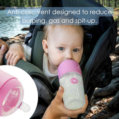 PopYum 9 oz Pink Anti-Colic Formula Making Baby Bottles, 3-Pack | #2 Medium Flow Nipples, 260 ml, BPA-Free, Natural Latch, Mixing Dispenser - color: Pink, size: 9 Ounce (Pack of 3)