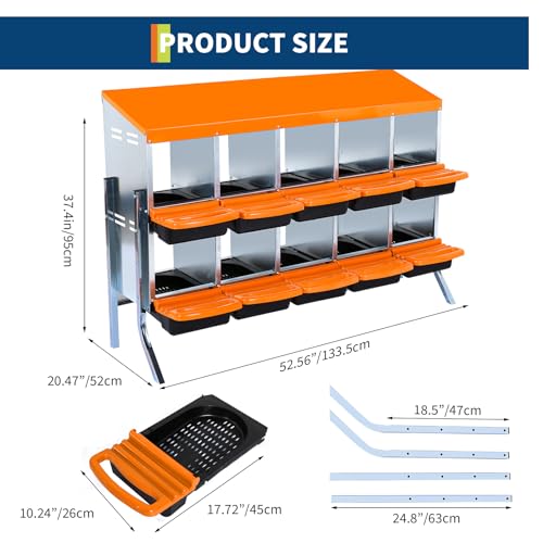 10-Hole Chicken Nesting Box, 2-Tier 10 Compartment Metal Roll Away Egg Laying Box with Lid & Legs, Easy Egg Collection, Galvanized Steel Rustproof Poultry Laying Boxes for Hens, Ducks, Farm, Yard - size: 10 holes with legs-Orange