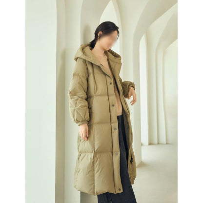 Women's Long Down Jacket Winter Loose White Duck Knee Length Warm And Thick Khaki Coat - size: Small