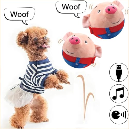Active Moving Pet Plush Toy, Interactive Dog Toys Pet Bouncing Balls, USB Rechargeable Interactive Washable Cartoon Pig Plush Sound Electronic Dog Toy, Small Cute Squeaky Pig Dog Toy (Red) - color: Red
