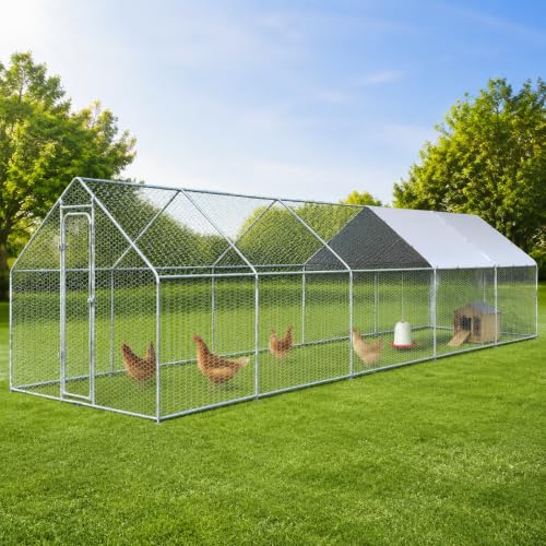 Extra Large Metal Chicken Coop for 50-55 Chickens, Walk-in Chicken Run, Chicken Pen Outdoor W/Cover, Waterproof & Anti-UV, 32.8' D x 9.8' W x 6.4' H, Wire Mesh Poultry Cage for Yard #LYJL10JD-US - size: 393.7"L x 118.1"W x 76.8"H, style: Spire Roof