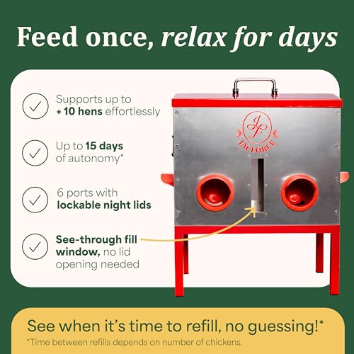 Automatic Chicken Feeder 40lb – Large Metal Poultry Feeder with 6 Ports, Galvanized No Waste Feeder with Secure Lid & Feed Window for Outdoor Coop