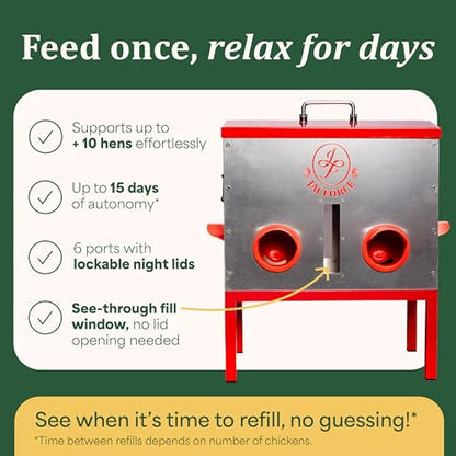 Automatic Chicken Feeder 40lb – Large Metal Poultry Feeder with 6 Ports, Galvanized No Waste Feeder with Secure Lid & Feed Window for Outdoor Coop