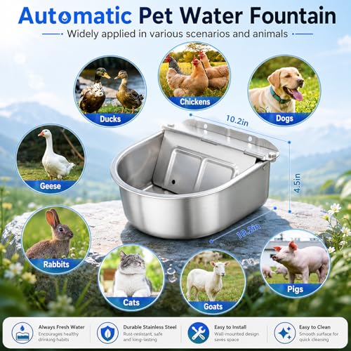 BWOGUE Automatic Water Dispenser for Dogs, 1 Gallon Outdoor Automatic Dog Water Bowl with Float Valve Stainless Steel Dispenser Fit 1/2'' and 3/4'' GHT Faucet for Dog Horse Chicken