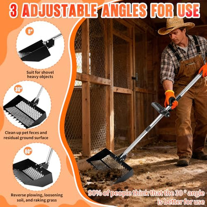 Chicken Poop Scooper, Adjustable Angle Chicken Coop Cleaning, 3-in-1 Sand Rake with Sifting Panels for Hen/Pet House Bedding Management, 304 Stainless Steel Chicken Coop Accessories