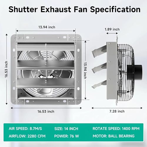 14" Shutter Exhaust Fan - Heavy Duty AC Motor, 2280 CFM Airflow | Industrial AC roller motor fan for 24/7 use. Heavy-duty steel blades. Rust-resistant. Independent power switch. 10-year life. - size: 14in