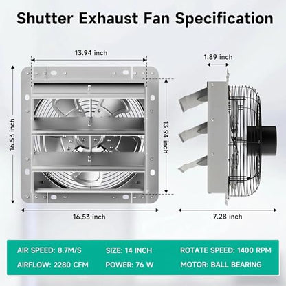 14" Shutter Exhaust Fan - Heavy Duty AC Motor, 2280 CFM Airflow | Industrial AC roller motor fan for 24/7 use. Heavy-duty steel blades. Rust-resistant. Independent power switch. 10-year life. - size: 14in