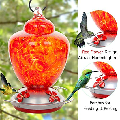 REZIPO Hummingbird Feeder with Perch - Hand Blown Glass - Red - 38 Fluid Ounces Hummingbird Nectar Capacity Include Hanging Wires and Moat Hook - color: Red