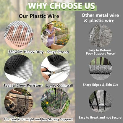 15.7" x 10' Plastic Mesh Fence Roll - Heavy Duty Chicken Wire Mesh Fence - Upgraded Thick Animal Barrier for Garden, Balcony Railing Safety Net, Poultry Netting with 20 Zip Ties, Black - size: 15.7" x 10'