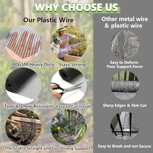 15.7" x 33' Plastic Mesh Fence Roll - Heavy Duty Chicken Wire Mesh Fence - Upgraded Thick Animal Barrier for Garden, Balcony Railing Safety Net, Poultry Netting with 20 Zip Ties, Black - size: 15.7" x 33'