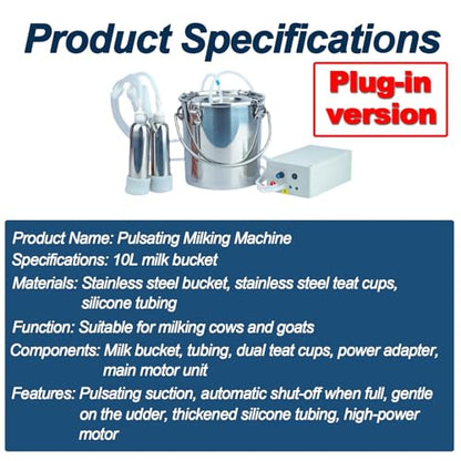 10L 2-in-1 Pulsation Milking Machine Cows/Goats, Long-Lasting Milking Machines Pulsations Vacuum, Food-Grade Stainless Steel, for Small Farm, Ranch, Home