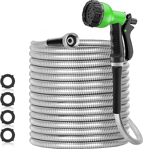 SPECILITE 75ft 304 Stainless Steel Garden Hose Metal, Heavy Duty Water Pipe with Nozzles for Yard, Outdoor - Flexible, Never Kink & Tangle, Puncture Resistant (Sliver) - color: Sliver, size: 75 ft
