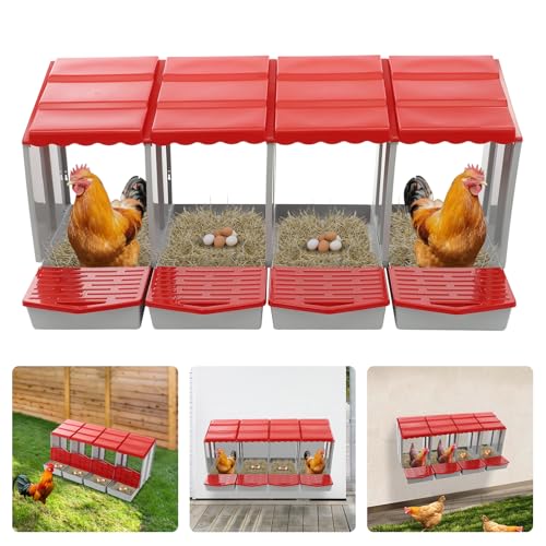 Chicken Nesting Box, 4 Compartment Hen Laying Boxes with Egg Collection, Wall Mountable Roll Away Nest, Heavy Duty Chicken Coop Laying Box for Home, Outdoor, Farm, Backyard (Red+Grey) - color: Red+Grey