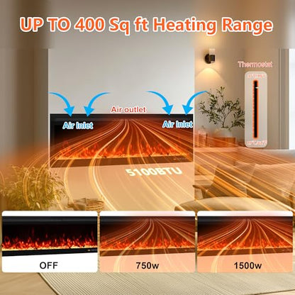 Narrow Frame WiFi Electric Fireplace 78 Inch, Wall Mount or in-Wall Recessed Fireplace Heater, App/Remote Control,Adjustable Flame Effects, 9H Timer & Low Noise, 750W/1500W, Black - size: 78 Inch WiFi