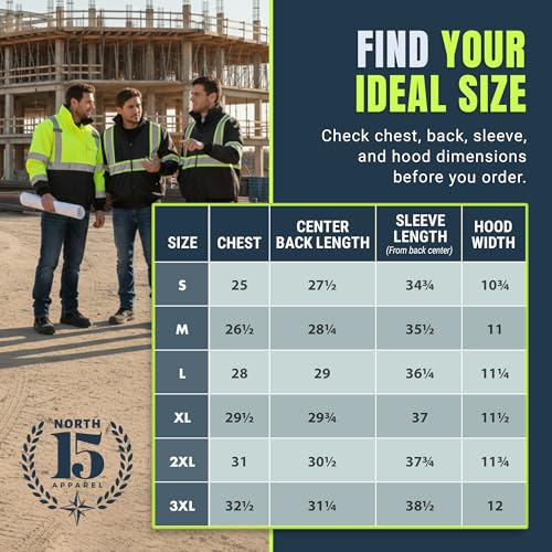 North 15 Men's High Visibility Reflectrd Hooded Safety Bomber Jacket, Fleece Lined - color: Yellow - Black, size: 3X-Large