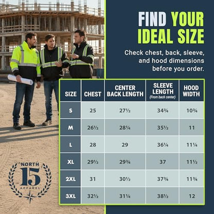 North 15 Men's High Visibility Reflectrd Hooded Safety Bomber Jacket, Fleece Lined - color: Black, size: 3X-Large