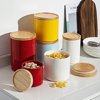 Sweejar Kitchen Canisters Ceramic Food Storage Jar, Stackable Containers with Airtight Seal Wooden Lid for Serving Coffee Bean, Flour, Tea, Spice and More - 39 Fl Oz (White) - color: White, style: 39 Fl Oz (5.2"x5.5")