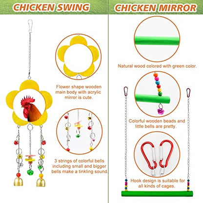 9 Pack Chicken Toys for Coop Accessories, Chicken Enrichment Toys with 2 Swing, 1 Wood Stand, 1 Xylophone, 1 Mirror, 2 Vegetable Net Bag, 2 Vegetable Fruits Hanging Fork