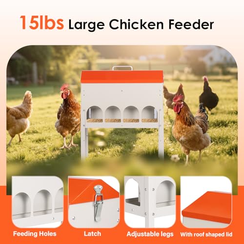 15lbs Automatic Chicken Feeder - 10 Feeding Ports | No Waste Poultry Feeder, Large Feeding Though Dispenser for Chickens Duck, Galvanized Metal Material, Sturdy And Durable