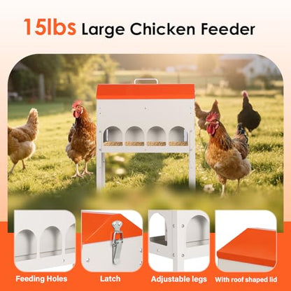 15lbs Automatic Chicken Feeder - 10 Feeding Ports | No Waste Poultry Feeder, Large Feeding Though Dispenser for Chickens Duck, Galvanized Metal Material, Sturdy And Durable