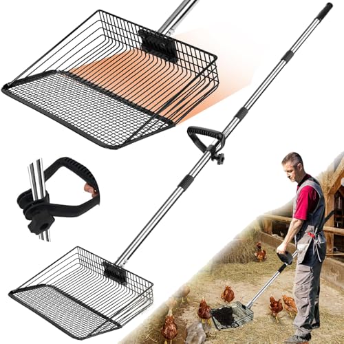 12" Metal Chicken Poop Scooper Rake for Sand with 24 to 68" Handle, Adjustable Chicken Poop Scooper for Poop, Wide 10”Poop Shovel Cleaning Tools, Heavy Duty Sifting Shovel (Black) - color: Black